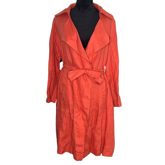 Cynthia Rowley 100% Linen Orange Tie Waist Trench Coat Jacket Size Small - Picture 1 of 10